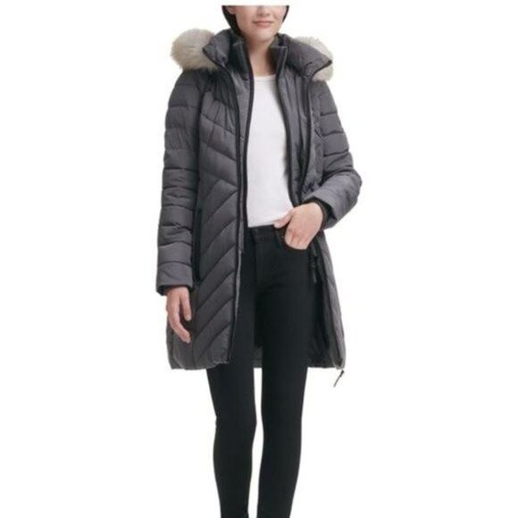 NWT DKNY Gray Puffer Jacket with Faux Fur Trimmed Hood - Picture 4 of 5